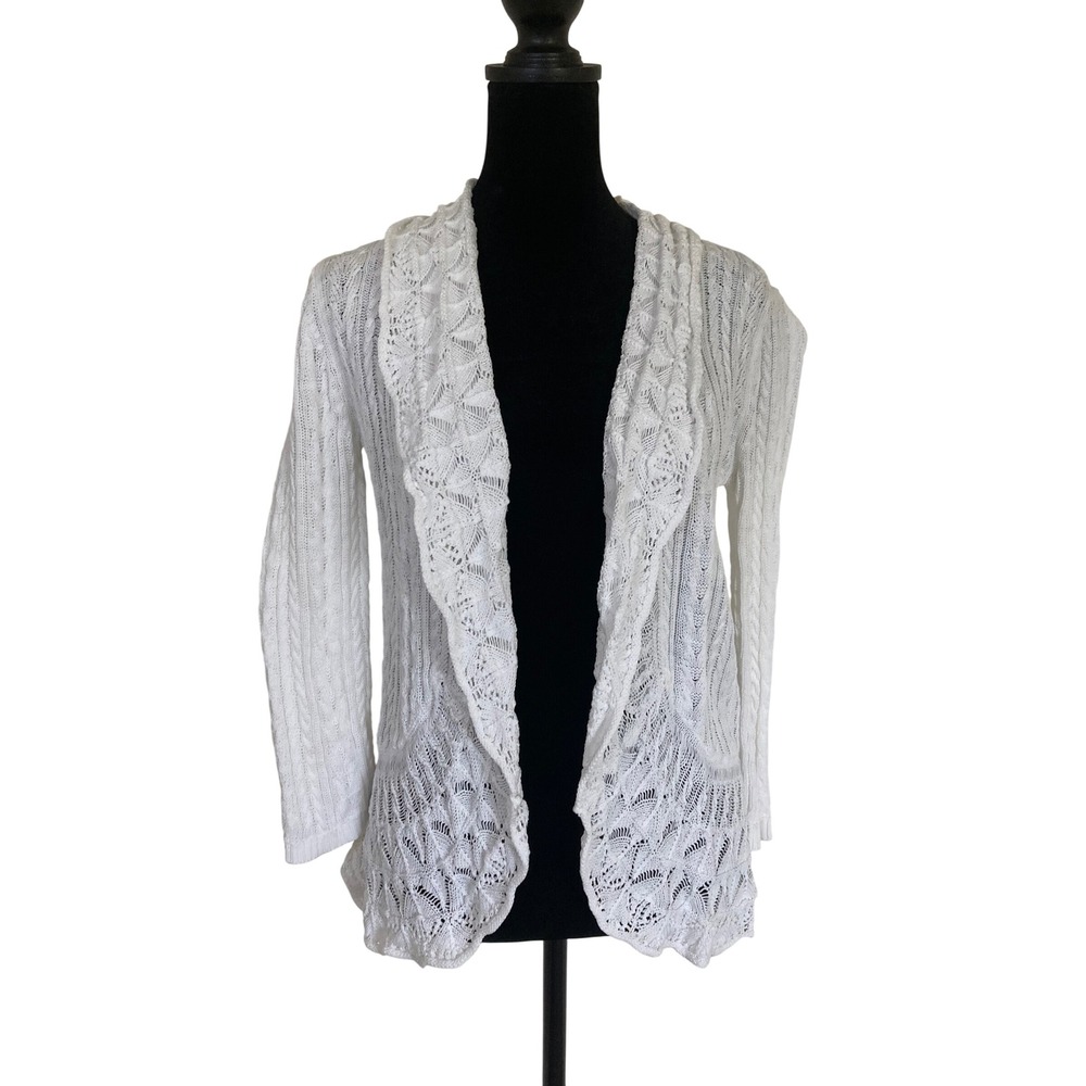 Lauren Ralph Lauren White Pointelle‎ Cable Knit Open Front Cardigan Sweater S/P